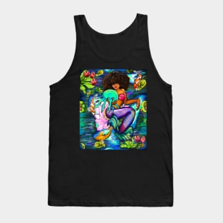 Mermaid holding a jellyfish with Koi fish in koi pond with plants and flowers black African American mermaid Tank Top